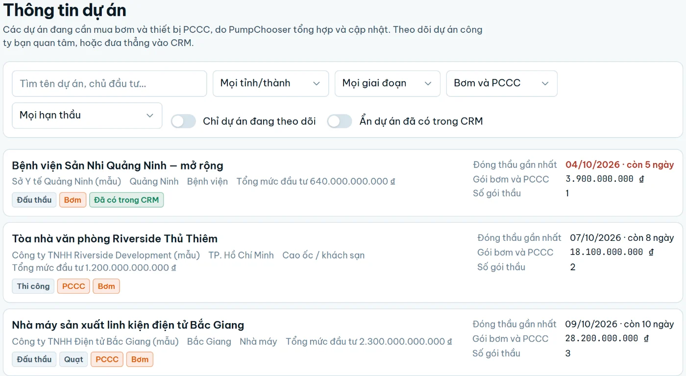 Danh sách thông tin dự án: bộ lọc, và mỗi dự án có chủ đầu tư, tỉnh, loại công trình, tổng mức đầu tư, hạn đóng thầu gần nhất và giá trị gói bơm, PCCC.