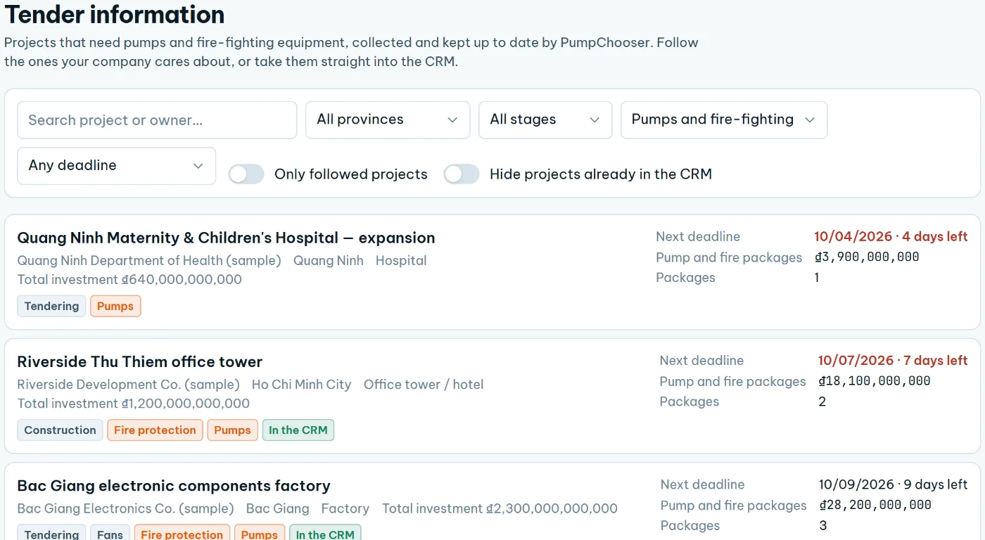 The tender information list: filters, and each project with its owner, province, type, total investment, nearest bid deadline and the value of its pump and fire packages.